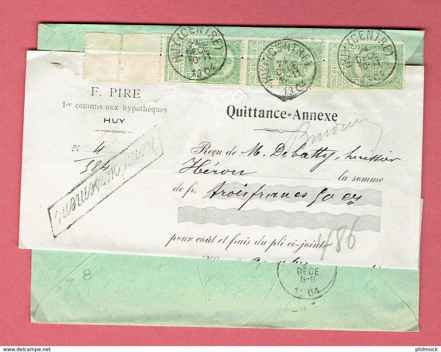 Lettre Quittance-annexe - Oblit Huy-Centre Le 24-Dece-1904 Vers Héron Sur 58 Et 56x3 - Burdinne - 1893-1900 Fine Barbe