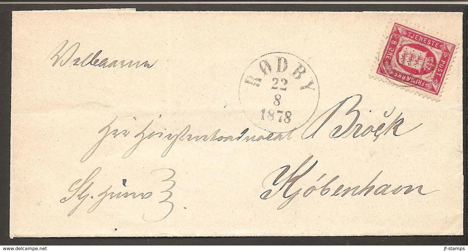 1875. Official. 8 Øre Rosa. Perf. 14x13½ RØDBY 22 8 1878. (Michel D6YA) - JF120098 - Officials