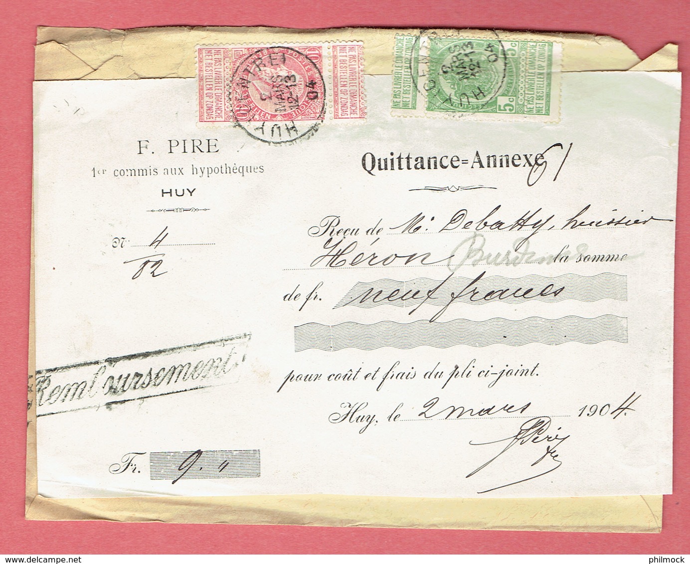 Lettre Quittance-annexe - Oblit Huy-Centre Le 2-Mars-1904 Et Burdinne Vers Héron Sur 58X2 Et 56 - 1893-1900 Fine Barbe