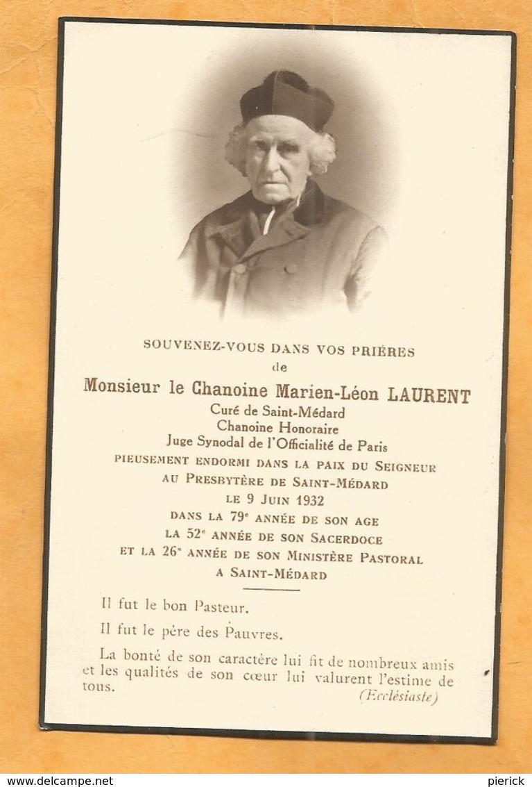 IMAGE GENEALOGIE FAIRE PART AVIS DECES CARTE MORTUAIRE CHANOINE SAINT MEDARD CURE MARIEN LAURENT 1863 1932 - Décès