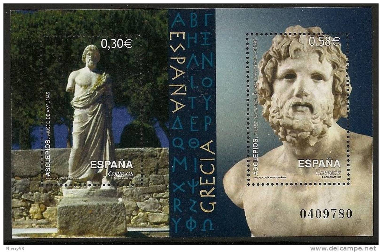 2007-ED. 4351 H.B.-ARQUEOLOGIA MEDITERRANEA.ESPAÑA-GRECI A.ASCLEPIOS(ESCULAPIO)-NUEVO - Blocs & Hojas