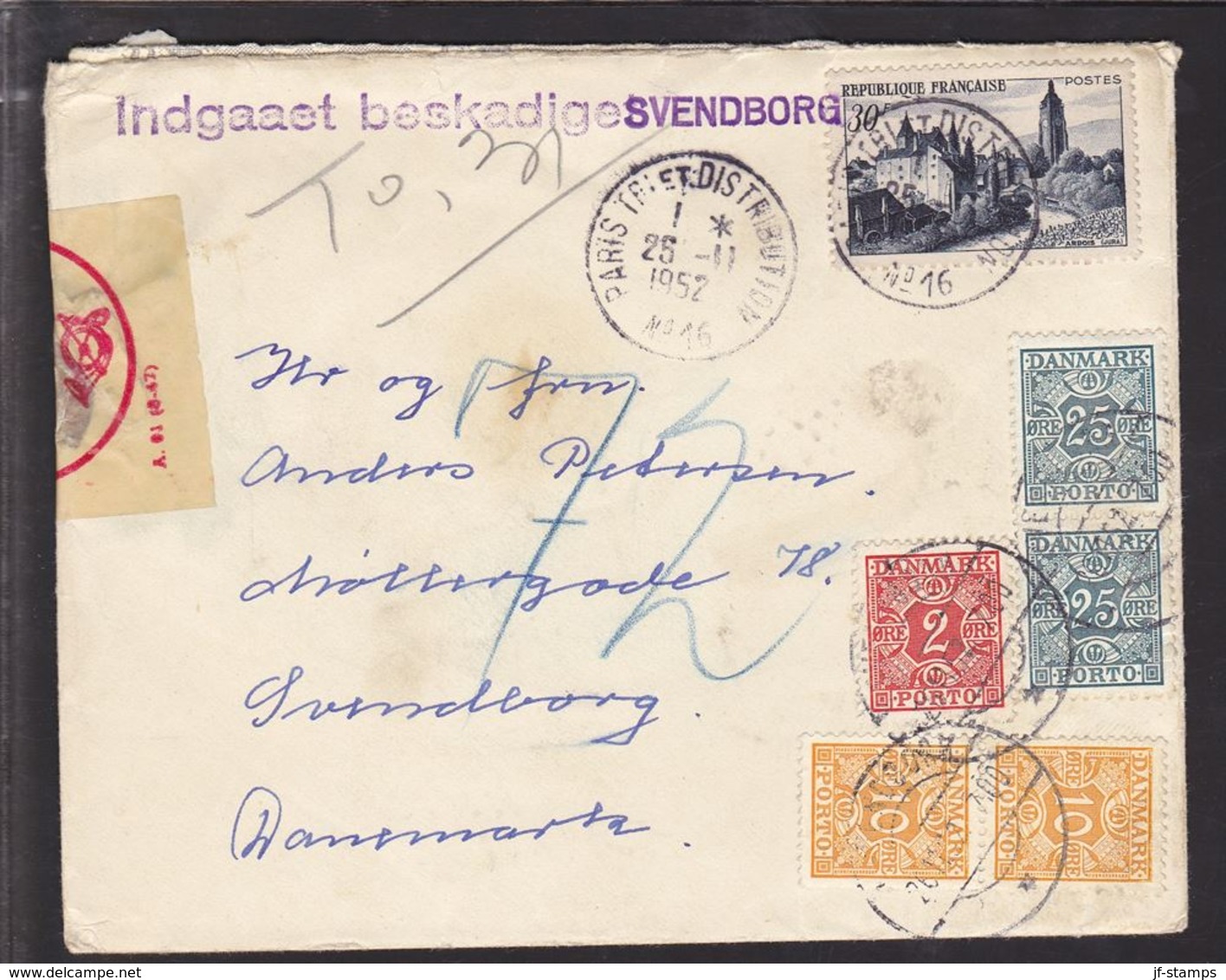 1952. Postage Due. Porto. 25 Øre Blue X 2 + 2 X 10 ØRE + 2 ØRE SVENDBORG 26. 11.52. O... (Michel P30) - JF111141 - Port Dû (Taxe)