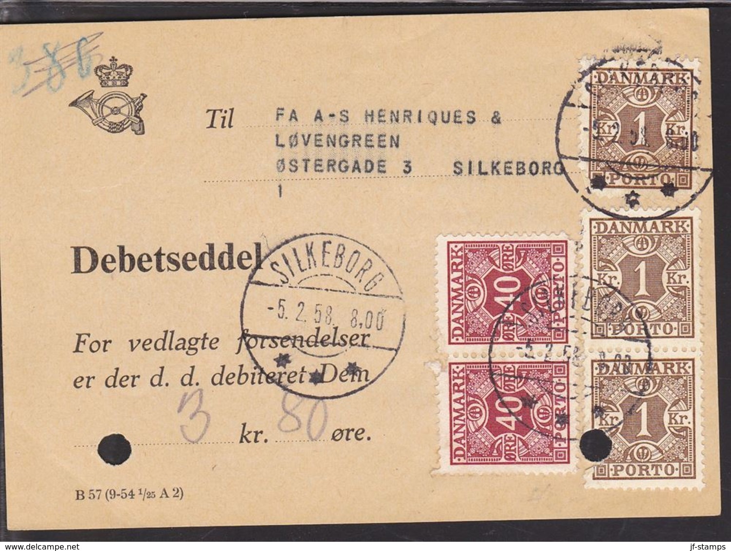 1934. Postage Due. Porto. 1 Kr. Brown X 3 + 2 X40 ØRE SILKEBORG -5. 2. 58.  On DEBETS... (Michel P31) - JF111173 - Portomarken