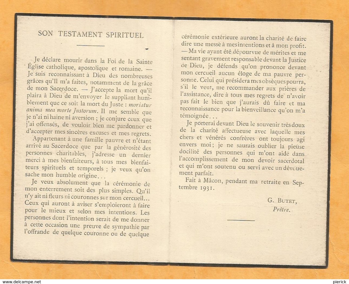 IMAGE GENEALOGIE FAIRE PART AVIS DECES CARTE MORTUAIRE  ABBE BUTET AUTUN MACON - Décès