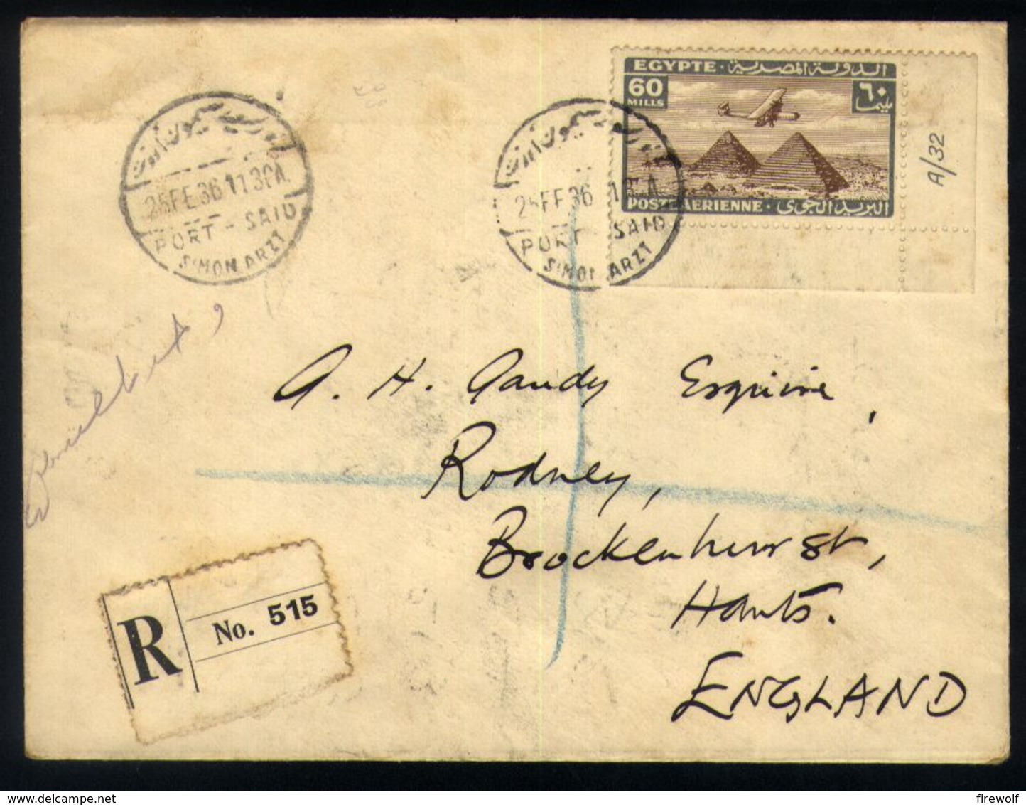 E28 - Egypt - Airmail - Registered Cover 1936 - Port Said Simon Artz To Brockenhurst England - Control Number - Poste Aérienne