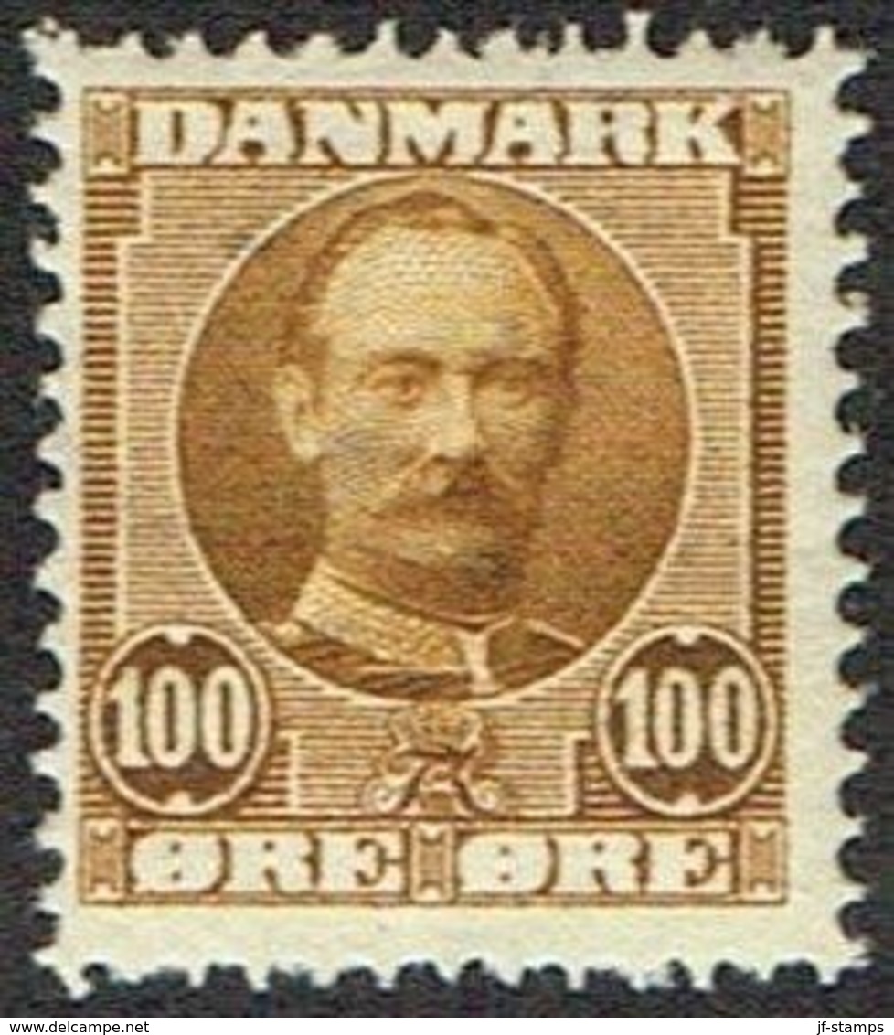 1907. King Frederik VIII. 100 Øre Olive-brown. Very Scarce Stamp. Lineperforation 12½... (Michel 59) - JF161605 - Ongebruikt