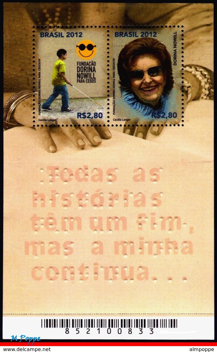 Ref. BR-3214 BRAZIL 2012 HEALTH, FOUND.FOR BLIND, DORINA, NOWILL, DISABLED PERSONS, BRAILLE, MNH 2V Sc# 3214 - Blocks & Kleinbögen