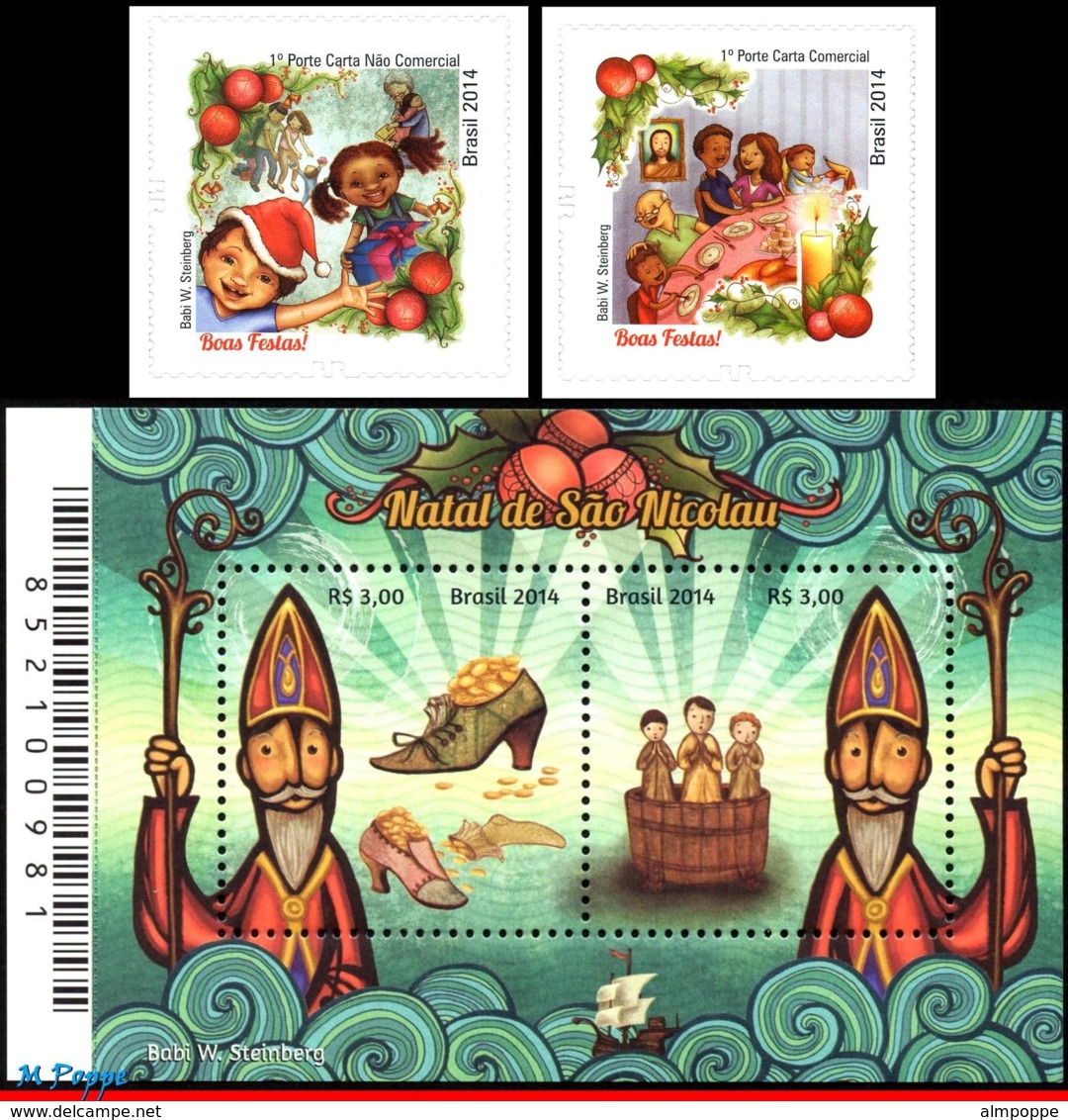 Ref. BR-3288-90 BRAZIL 2014 - RELIGION, ST. NICHOLAS,, GIFTS,CHRISTMAS SUPPER,S/S+SET MNH, CHRISTMAS 4V Sc# 3288-3290 - Ungebraucht