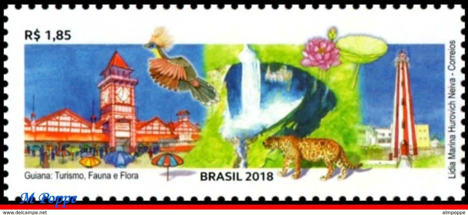 Ref. BR-V2018-15 BRAZIL 2018 - GUYANA, TOURISM, BIRDS,, LIGHTHOUSE, CATS, BIRDS, FLORA, MNH, RELATIONSHIP 1V - Faros