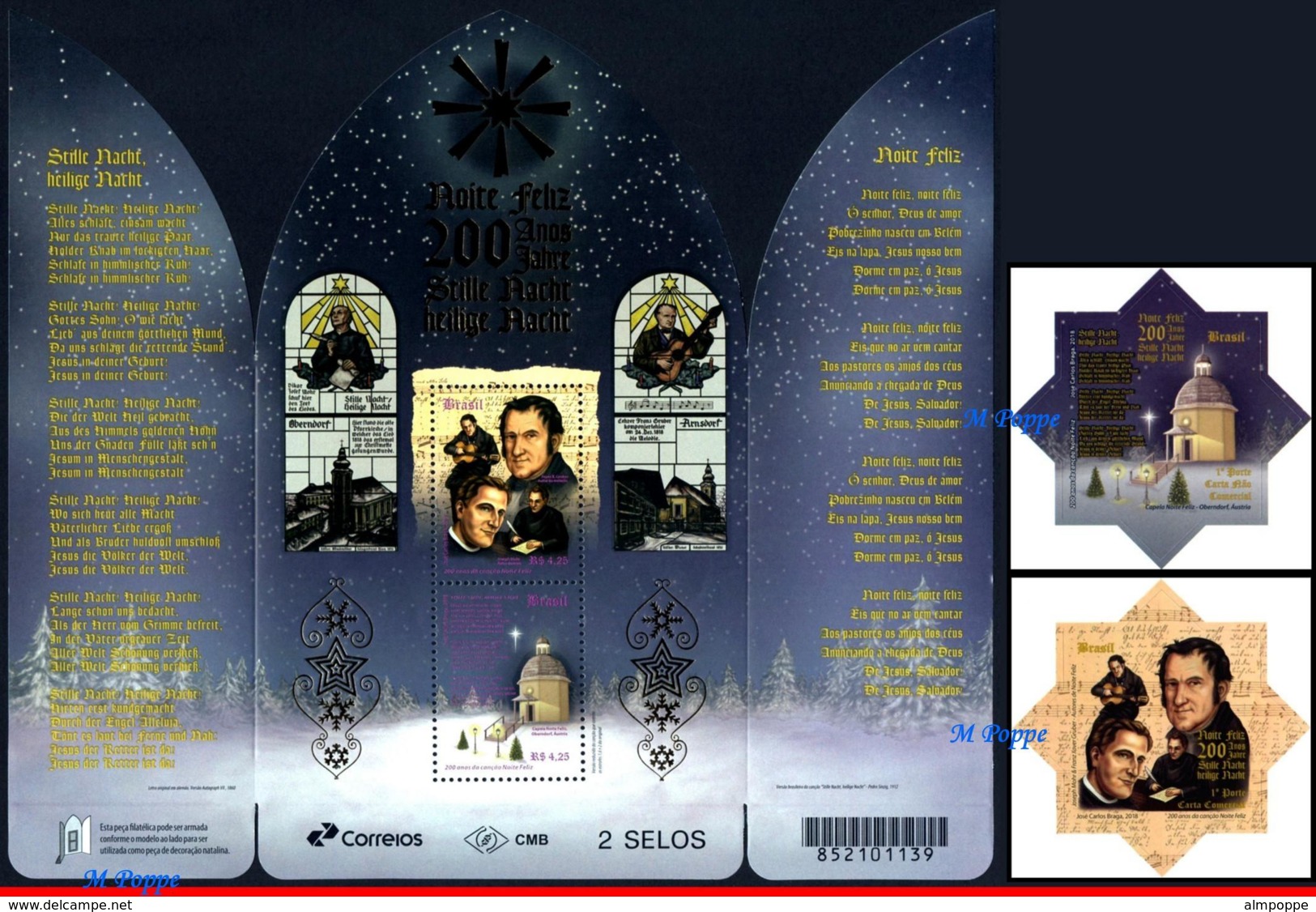 Ref. BR-V2018-16-3 BRAZIL 2018 CHRISTMAS, 200 YEARS OF �SILENT, NIGHT� SONG, SET AND S/S MNH 4V - Christmas