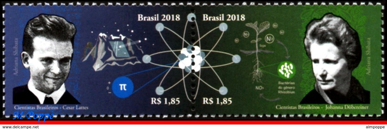 Ref. BR-V2018-18-S BRAZIL 2018 SCIENTISTS: CESAR LATTES,, JOANNA D�BEREINER, ATOM, TETE-BECHE MNH, SCIENCE 8V - Blocks & Kleinbögen