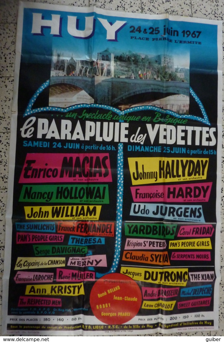 Affiche Spectacle Parapluie Des Vedettes HUY 24/25 Juin 1967 Johnny Hallyday François Hardy Enrico Macias 117X80 Cm Rare - Affiches