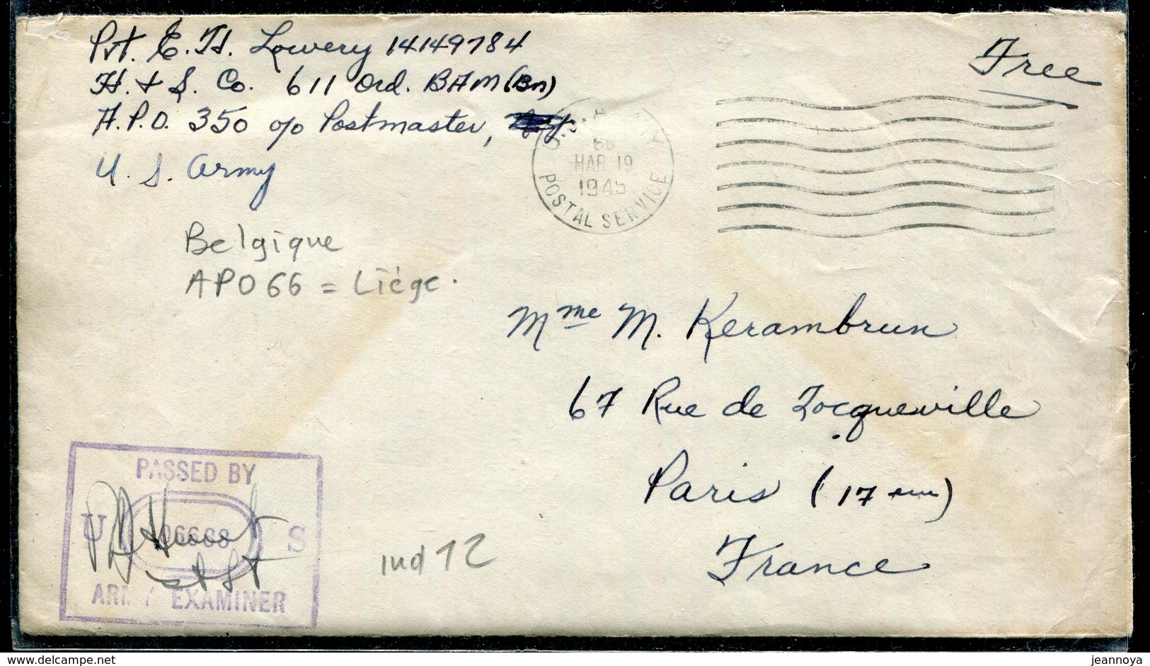 BELGIQUE - LETTRE AVEC TEXTE , EN FRANCHISE DES ARMÉES US OBL. APO 66 DU 19/3/1945 POUR LA FRANCE AVEC CENSURE - TB - Guerre 40-45 (Lettres & Documents)