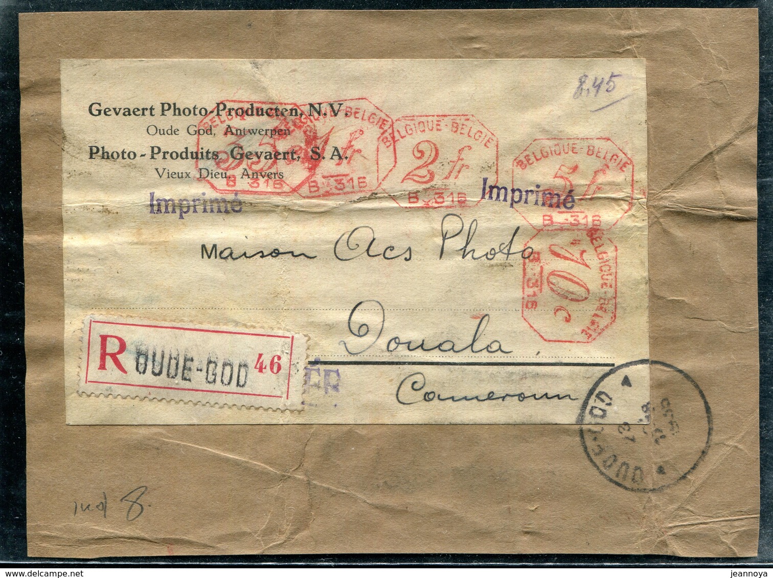 BELGIQUE - FRGT. DE COLIS POSTAL RECOMMANDÉE , AFFR. 8,45F AVEC MACHINE N° B.316 DE OUDE-GOD EN 1935 - TB - ...-1959