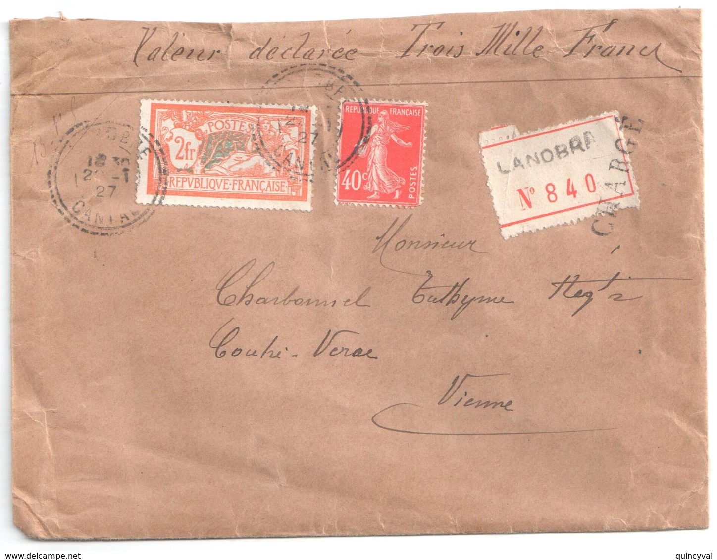 LANOBRE Cantal Lettre CHARGE 2F Merson 40c Semeuse Yv 145 194 Ob 1927 Facteur Boîtier Type 1884 Pointillé Lautier B3 - Lettres & Documents