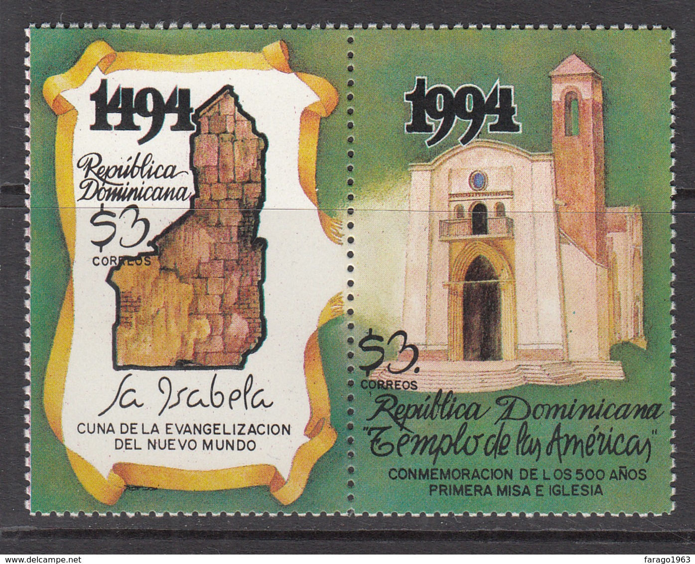 1994 Dominican Republic First Church New World Complete Set Of 1 MNH - Dominicaine (République)