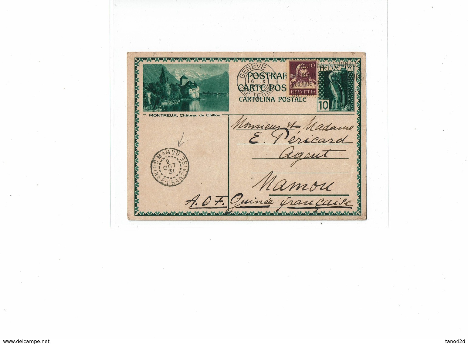 CTN52C - SUISSE EP CP AU DEPART DE GENEVE A DESTINATIN DE MAMOU - GUINEE FRANCAISE 16/9/1931 - Entiers Postaux