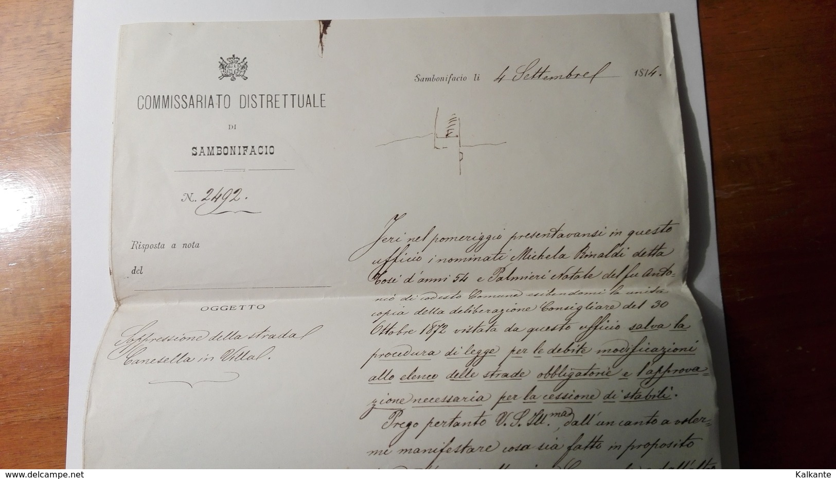 1874 Storia Postale - Lettera Del Sindaco Di San Bonifacio Riguardante La Soppressione Di Una Strada - Manoscritti