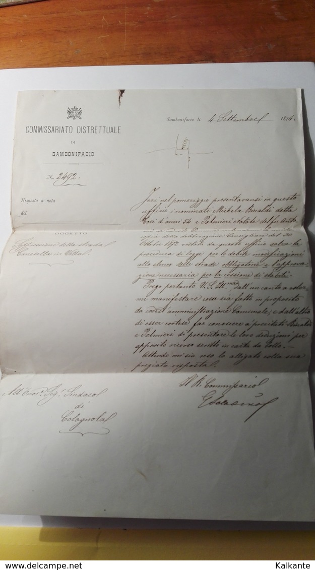 1874 Storia Postale - Lettera Del Sindaco Di San Bonifacio Riguardante La Soppressione Di Una Strada - Manoscritti