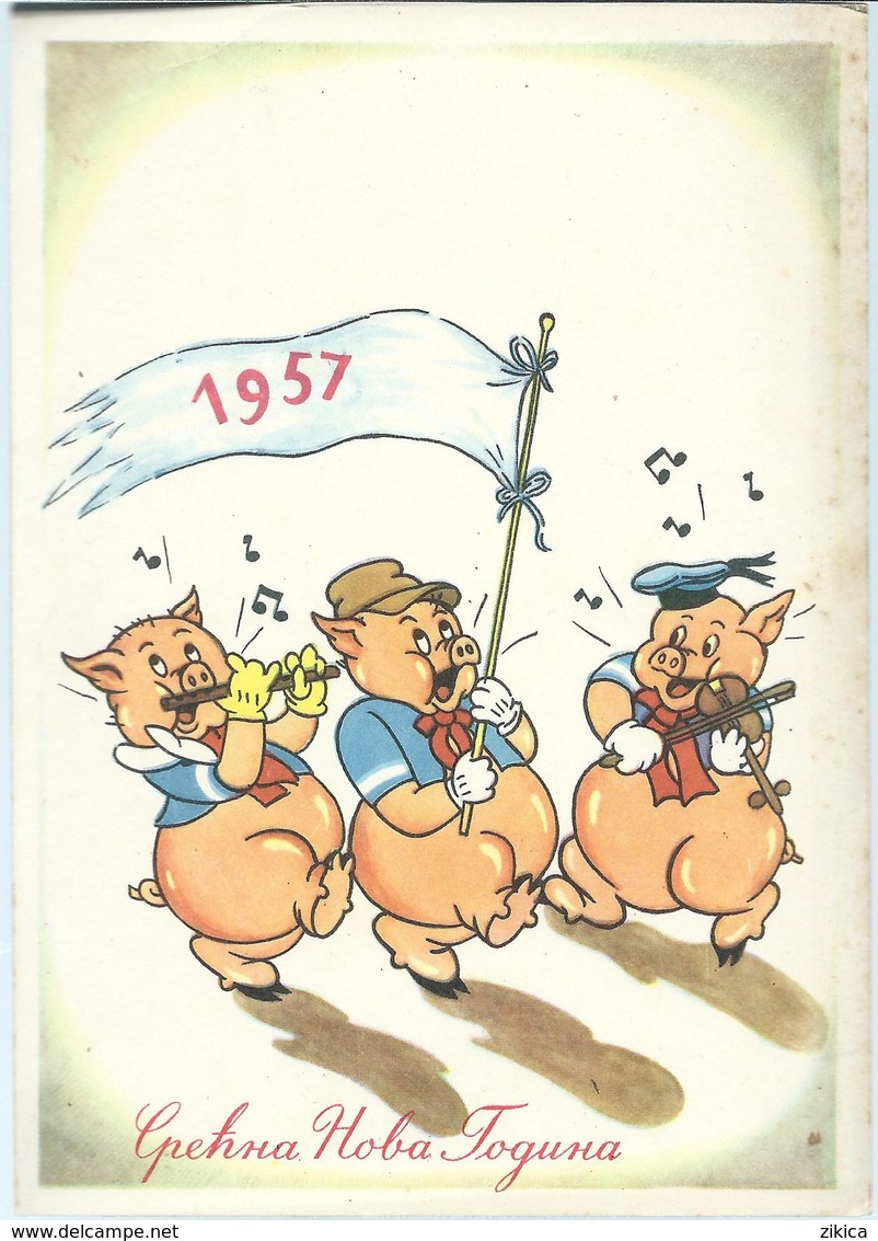 New Year 1957 - Pig, Piggy, Piglets,music - Nieuwjaar