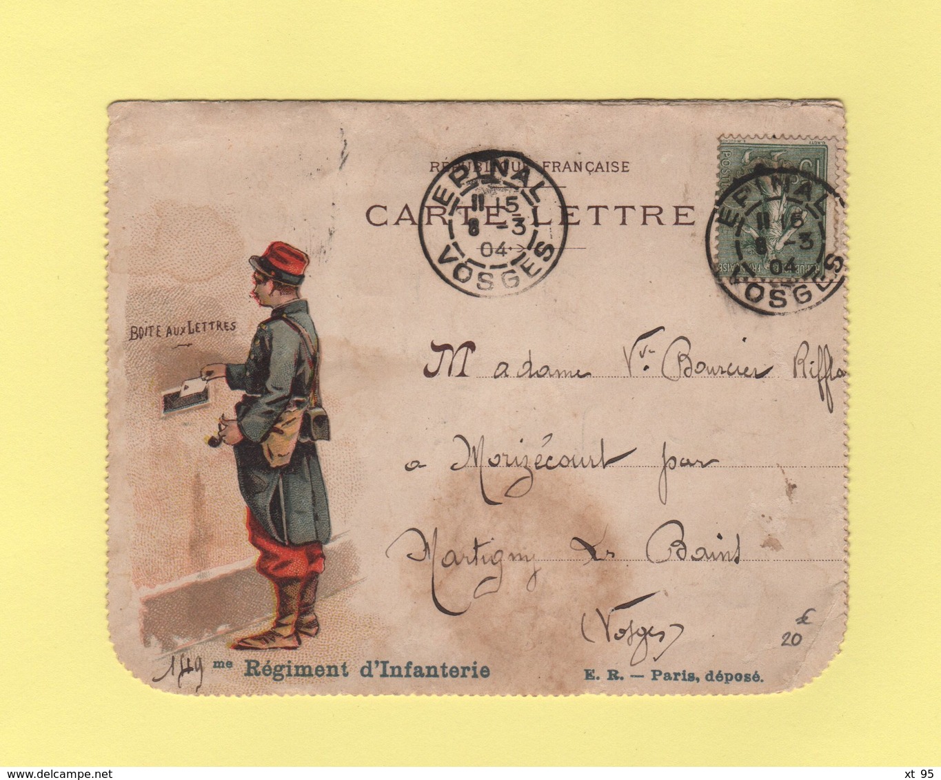 Carte Lettre Illustree - 149eme Regiment D Infanterie - Epinal Vosges - 8-3-1904 - Type Semeuse - Boite Aux Lettres - 1877-1920: Période Semi Moderne