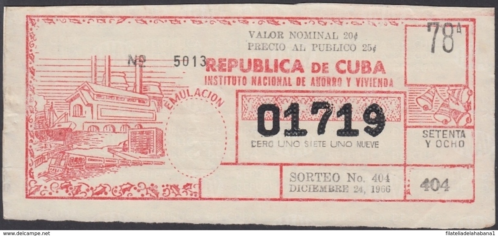 LOT-358 CUBA LOTTERY. 1966. SORTEO 404. DICIEMBRE 24. - Lottery Tickets