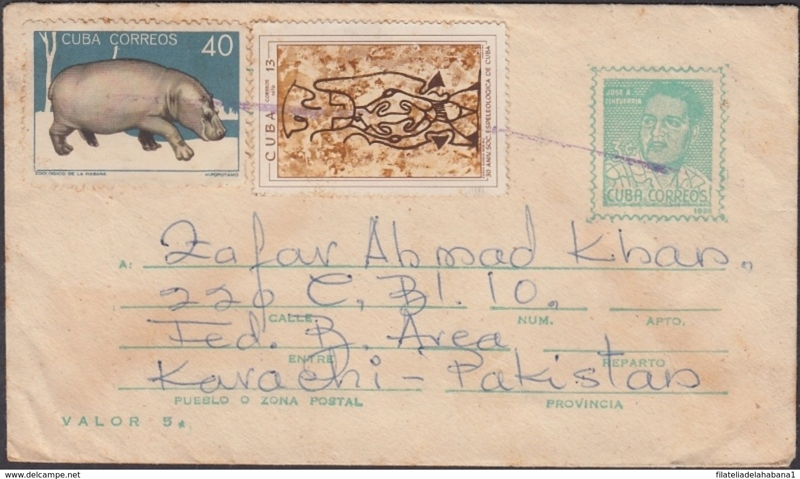 1966-EP-11 CUBA 1966 3c ECHEVARRIA POSTAL STATIONERY TO PAKISTAN + STAMPS. 1970. - Covers & Documents