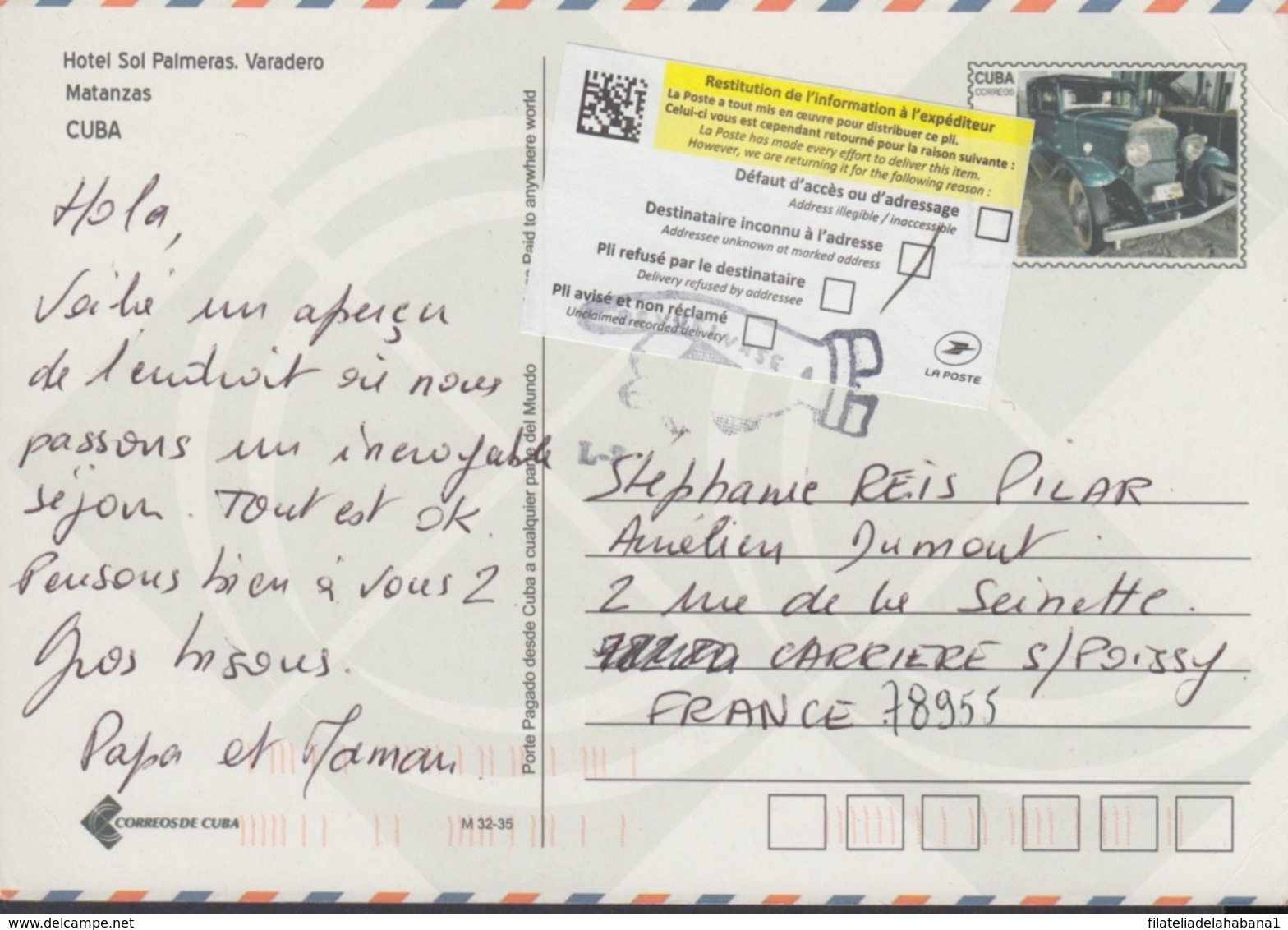 2012-EP-23 CUBA 2012 TURISTIC FORWARDED POSTAL STATIONERY. MATANZAS, SOL PALMERA HOTEL. - Lettres & Documents