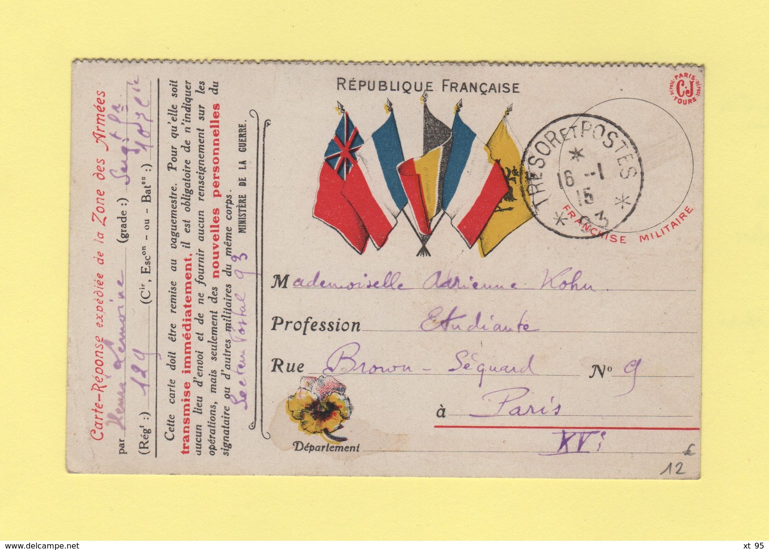 Carte FM Drapeaux - Tresor Et Postes 93 - 16-1-1915 - Guerre De 1914-18