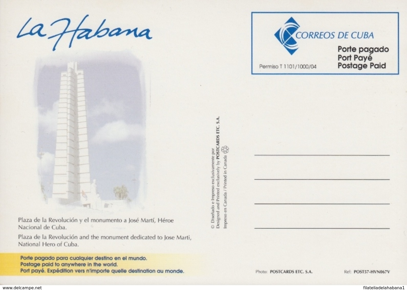 2014-EP-18 CUBA 2014 TURISTIC POSTAL STATIONERY. HABANA PLAZA REVOLUCION. UNUSED. - Lettres & Documents
