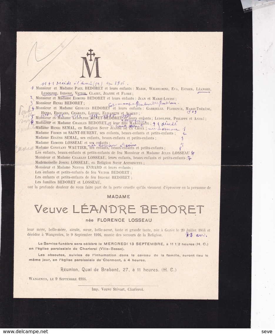 GOZEE Région De THUILLIES WANGENIES Florence LOSSEAU 1844-1916 Veuve Léandre BEDORET - Overlijden