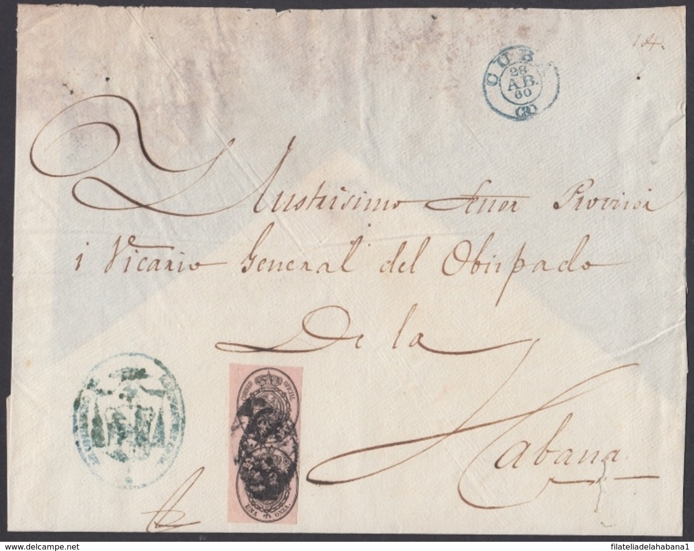 1858-H-202 CUBA SPAIN ESPAÑA. OFFICIAL MAIL. 1858. 1 ONZA. SANTIAGO DE CUBA A LA HABANA. - Prefilatelia