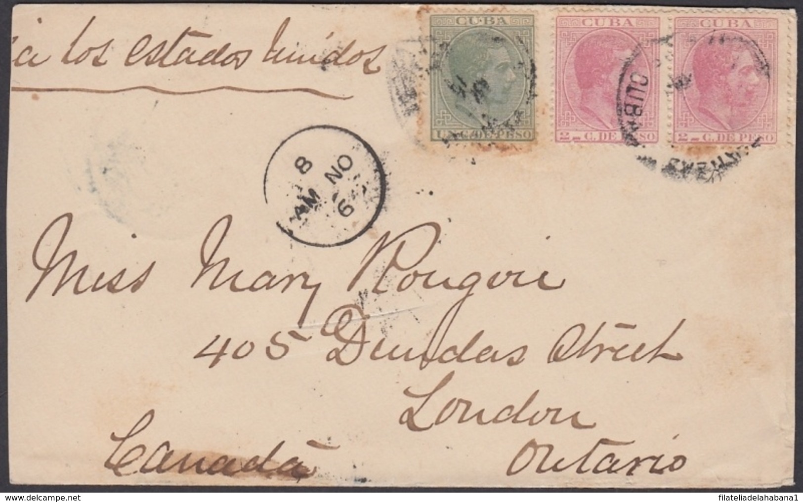 1884-H-54 CUBA SPAIN ESPAÑA. ALFONSO XII. 1884. 2c ROSA. SOBRE A CANADA, 1888. - Prefilatelia