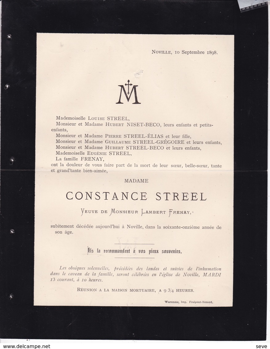 NOVILLE Constance STREEL Veuve Lambert FRENAY 71 Ans 1898 Famille BECO GREGOIRE ELIAS - Obituary Notices