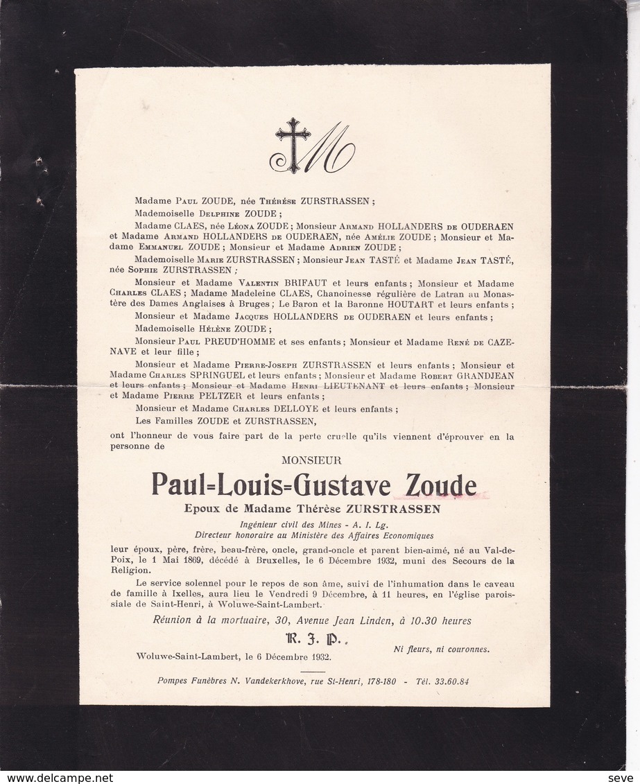 VAL-DE-POIX Paul ZOUDE époux ZURSTRASSEN Ingénieur 1869-1932 Famille HOUTART - Overlijden