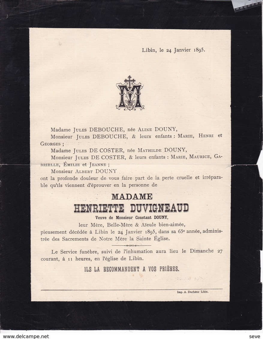 LIBIN Henriette DUVIGNEAUD Veuve DOUNY 65 Ans 1895 Famille DEBOUCHE DE COSTER - Overlijden