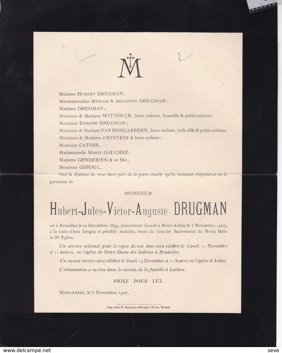 MONT-ANHEE Hubert DRUGMAN 1854-1907 Familles WITTOUCK VAN HOEGAERDEN CATOIR GENDEBIEN GIHOUL - Avvisi Di Necrologio