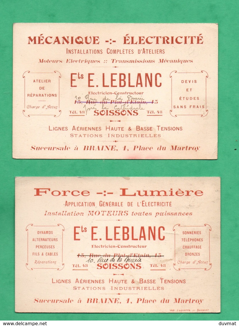 02 Aisne Soissons Et  Braine  Lot De 2 Cartes De Visite Moteurs Electriques Leblanc (format 8cm X 12cm) - Cartes De Visite