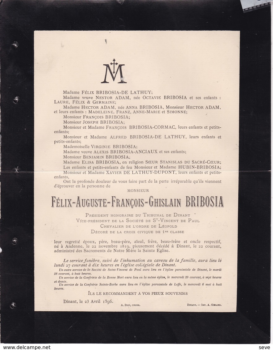 ANDENNE DINANT Félix BRIBOSIA 1819-1896 Président Honoraire Du Tribunal De Dinant  Famille De LATHUY Service à LEFFE - Overlijden