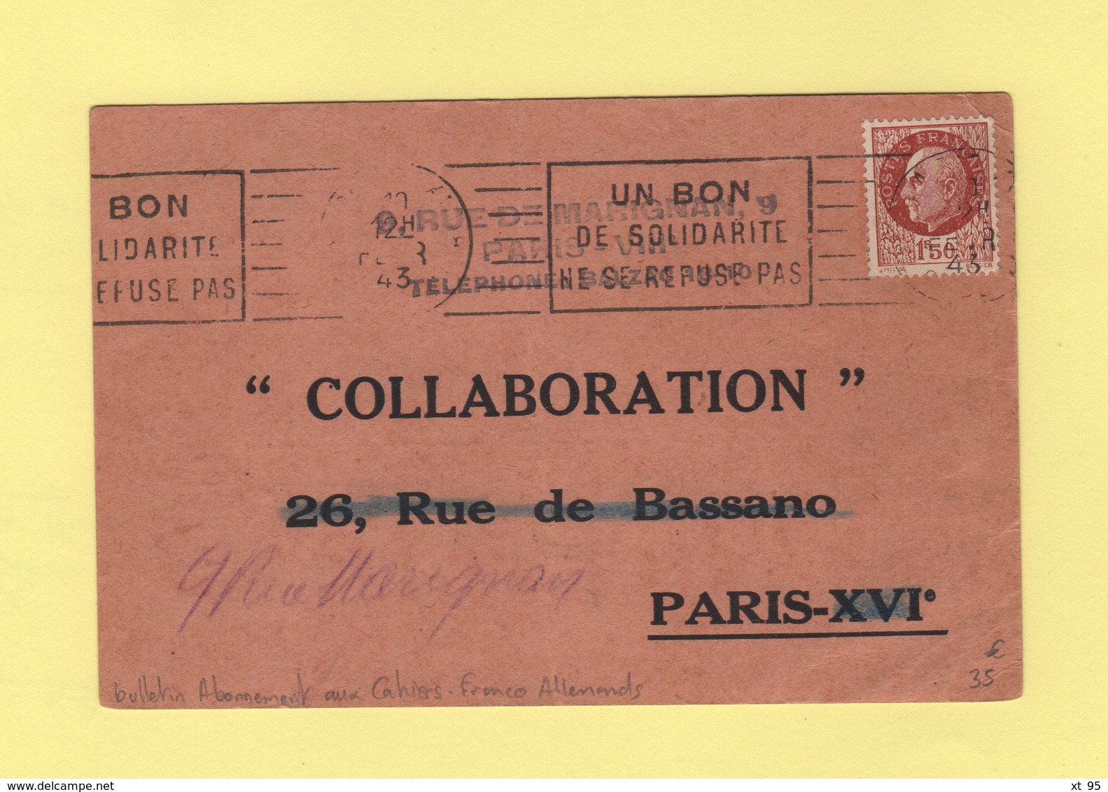 Bulletin D Abonnement Aux Cahiers Franco Allemands - Collaboration - Type Petain - 8 Fevrier 1943 - Directeur Du Lido - Guerre De 1939-45