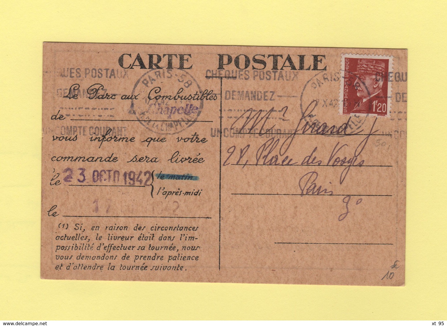 Carte Postale Commande De Combustible - Paris - 17 Octobre 1942 - Type Petain - 1921-1960: Période Moderne