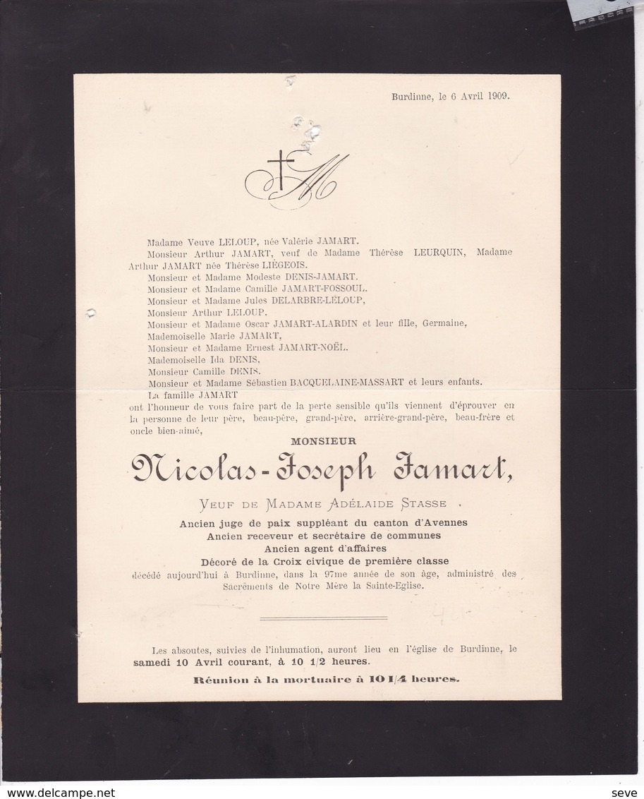 BURDINNE Nicolas JAMART Veuf STASSE 97 Ans 1909 Ancien Juge De Paix Suppléant Canton D'Avennes - Overlijden