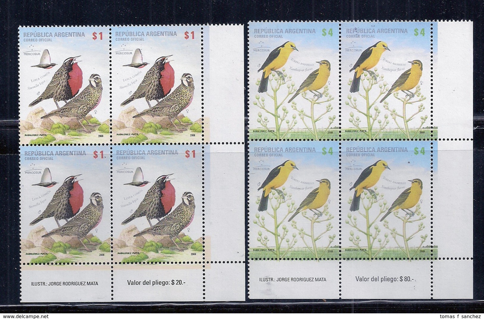 Argentine - 2008 - Oiseaux Indigènes - Loica Comun - Tordo Amarillo - Neufs