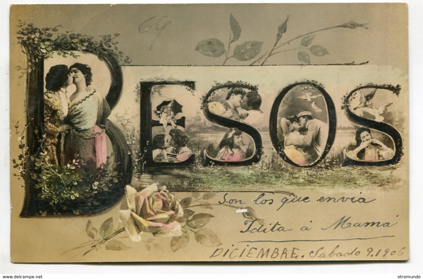 Postcards Art Flower Couples Kissing Besos 1906 Sello Madrès Rosario Y Cordoba - Couples