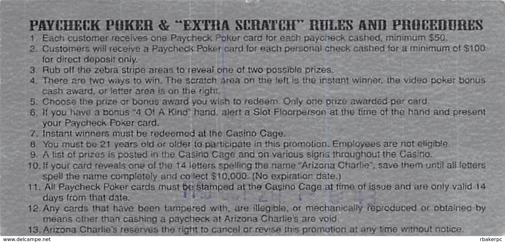 Arizona Charlie Casinos - Las Vegas, NV USA - Paycheck Poker Scratch & Win Contest Ticket - Publicités