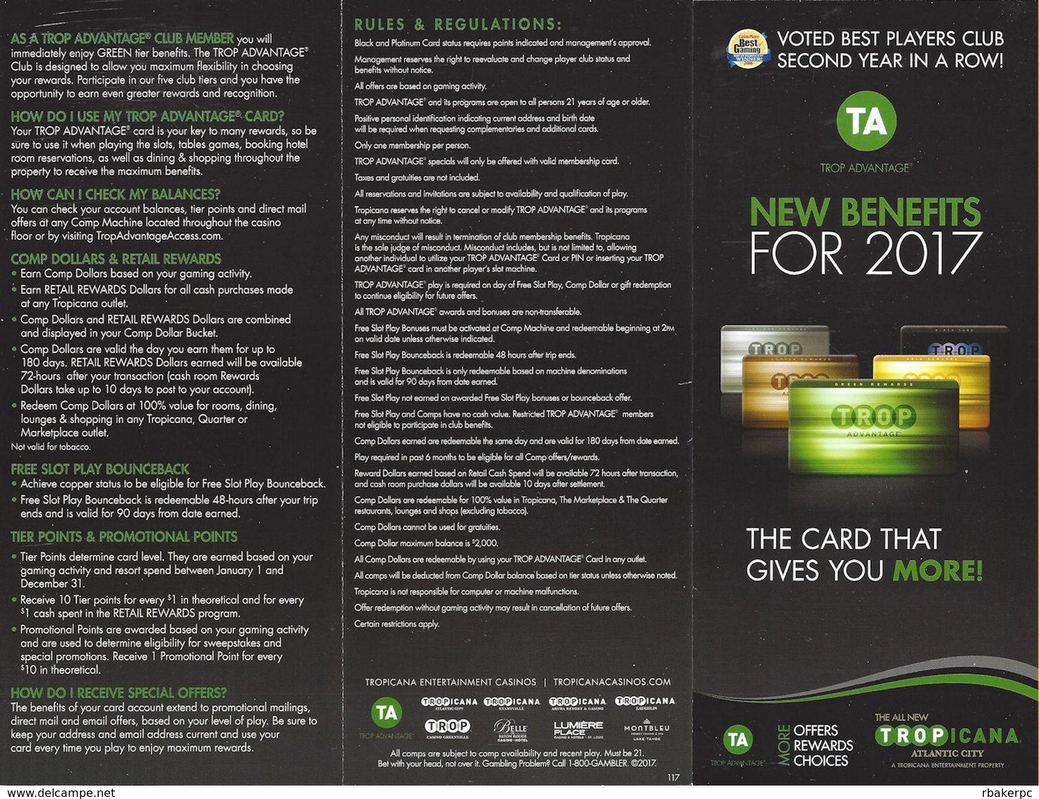 Tropicana Casino - Atlantic City, NJ - Paper 2017 Slot Card Benefits Brochure - Folded 9x4 Inches - Cartes De Casino