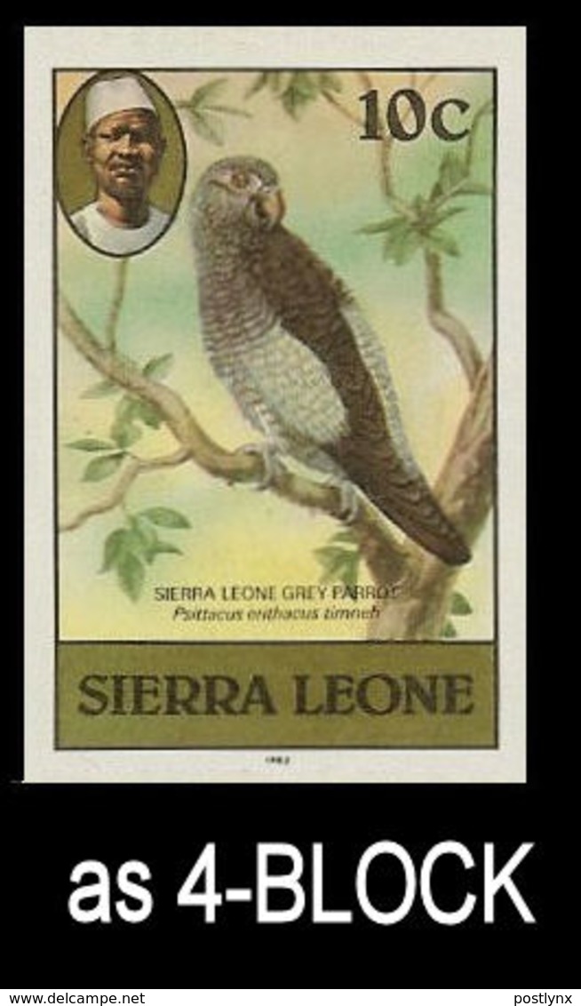 SIERRA LEONE 1980 Birds Parrot 10c Imp.1982 Wmk CA IMPERF.4-BLOCK - Sierra Leone (1961-...)