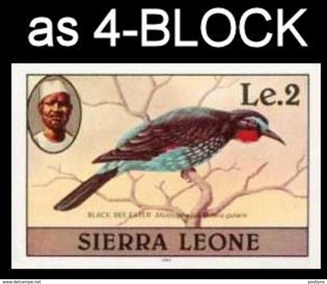 SIERRA LEONE 1980 Birds Bee Eater Le2 Imp.1982 Wmk CA IMPERF.4-BLOCK - Sierra Leone (1961-...)