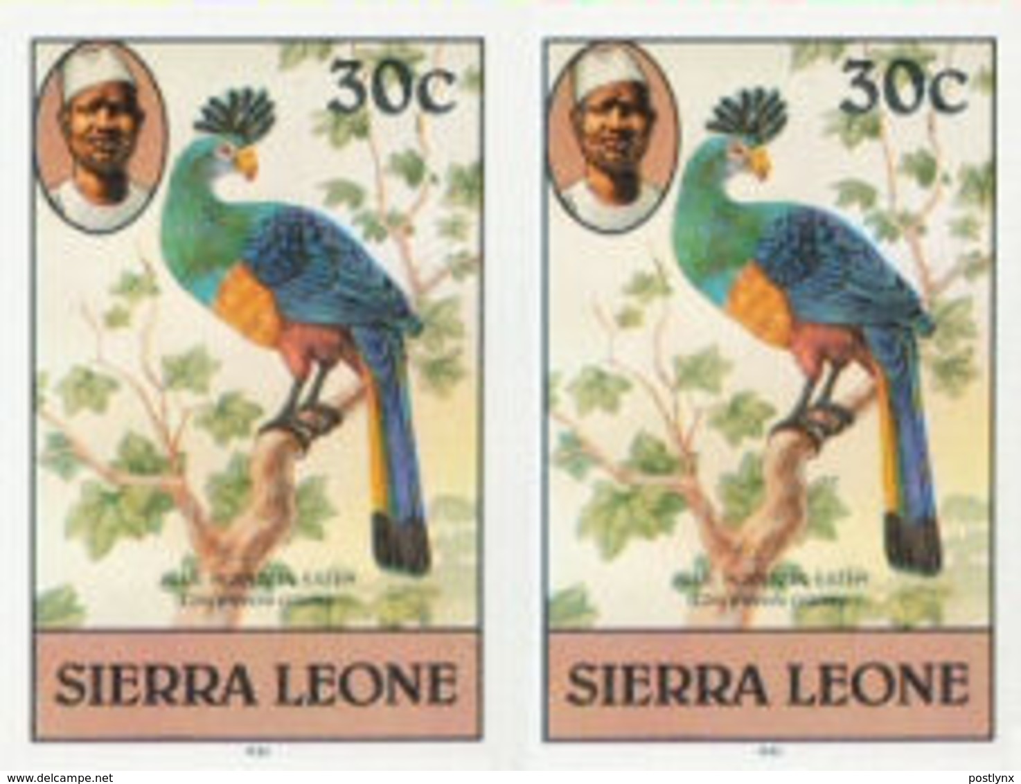 SIERRA LEONE 1980 Birds Great Blue Turaco 30c Imp.1982 Wmk CA IMPERF.PAIR - Coucous, Touracos