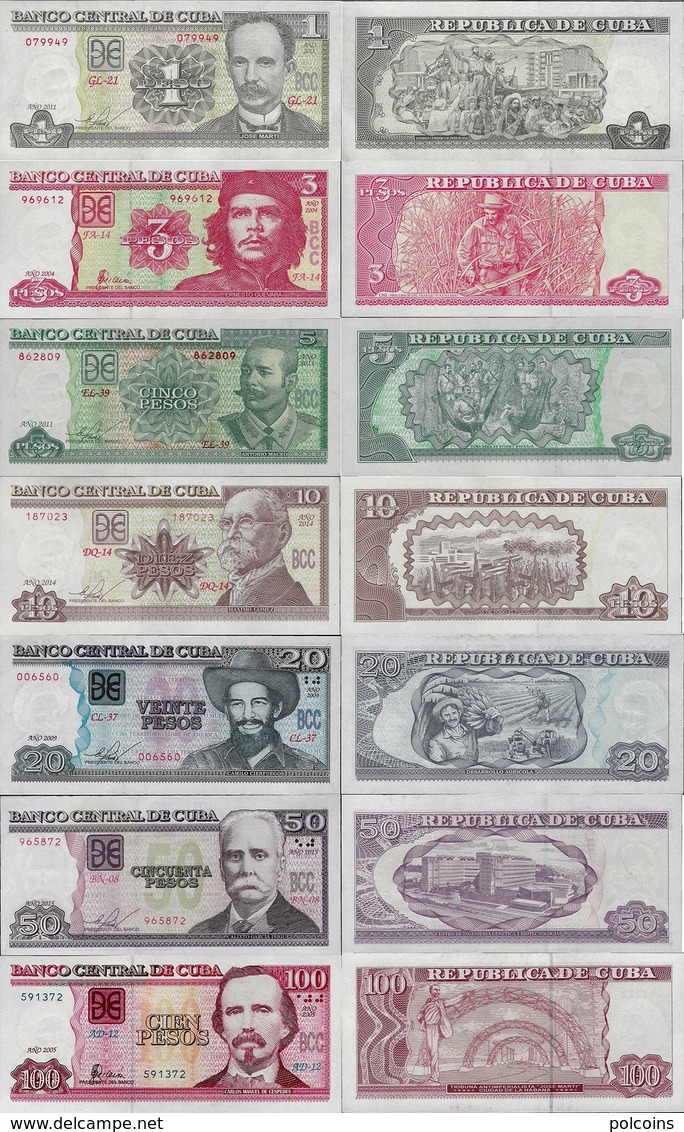 Cuba Set 7 Pcs 1+3+5+10+20+50+100 Pesos - Pick 116-129 UNC Random Years - Cuba